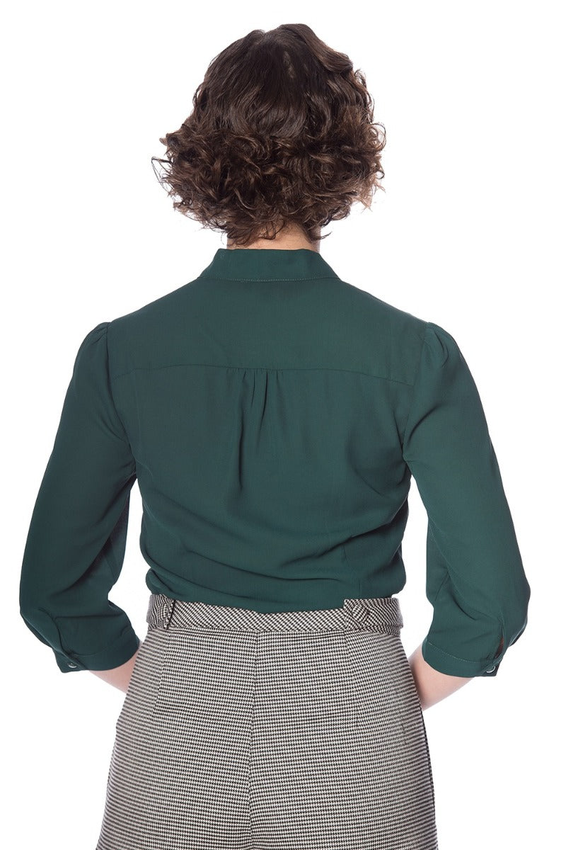 Banned Retro 1950's Perfect Pussy Bow Vintage Bell Sleeve Blouse Green