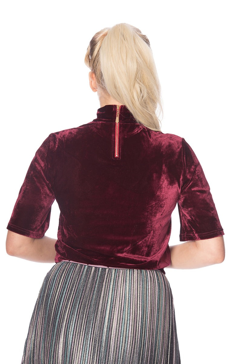 Banned Retro 90's Velour Vintage Turtle Neck Crop Top Burgundy