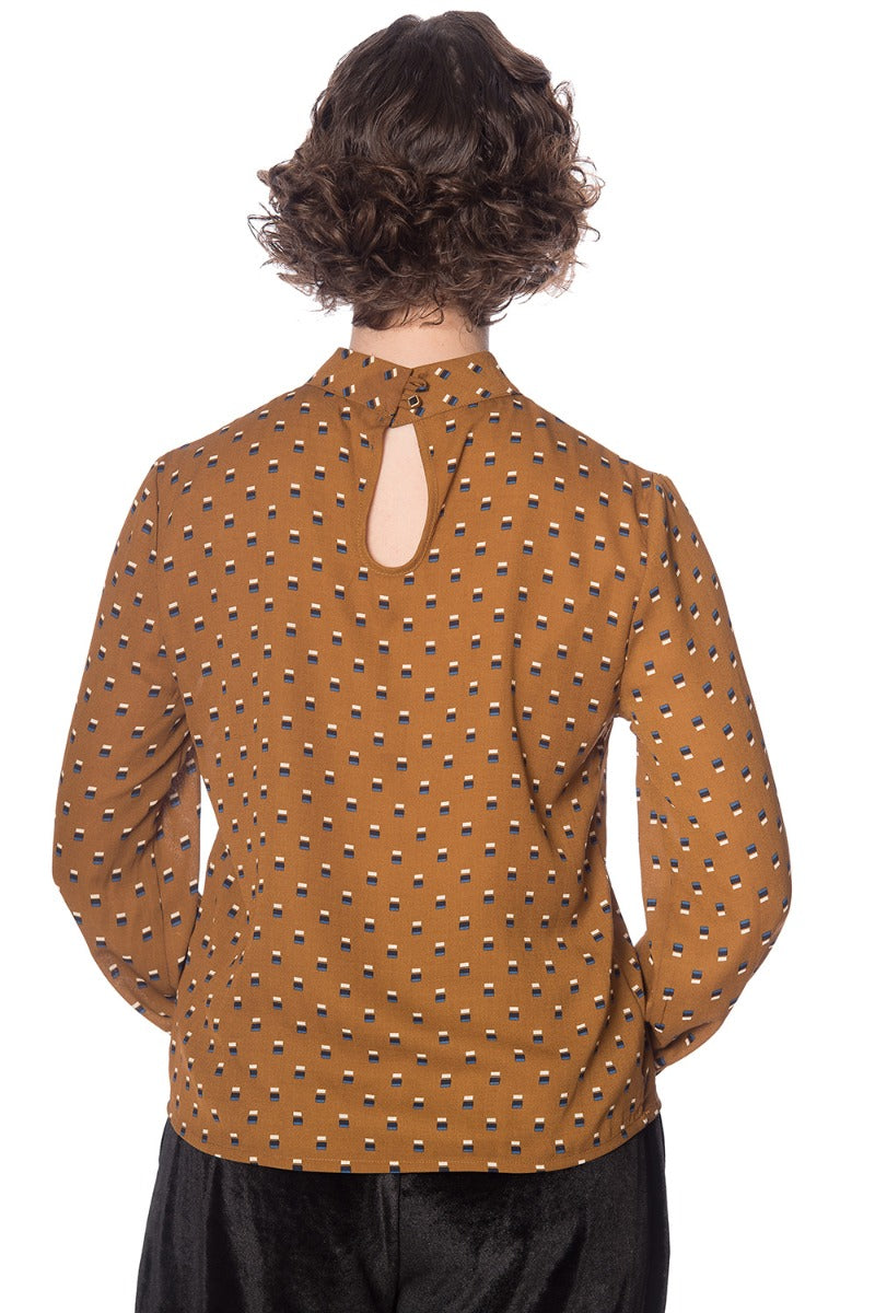 Banned Retro 20's Funnel High Neck Blouson Sleeve Vintage Top Brown
