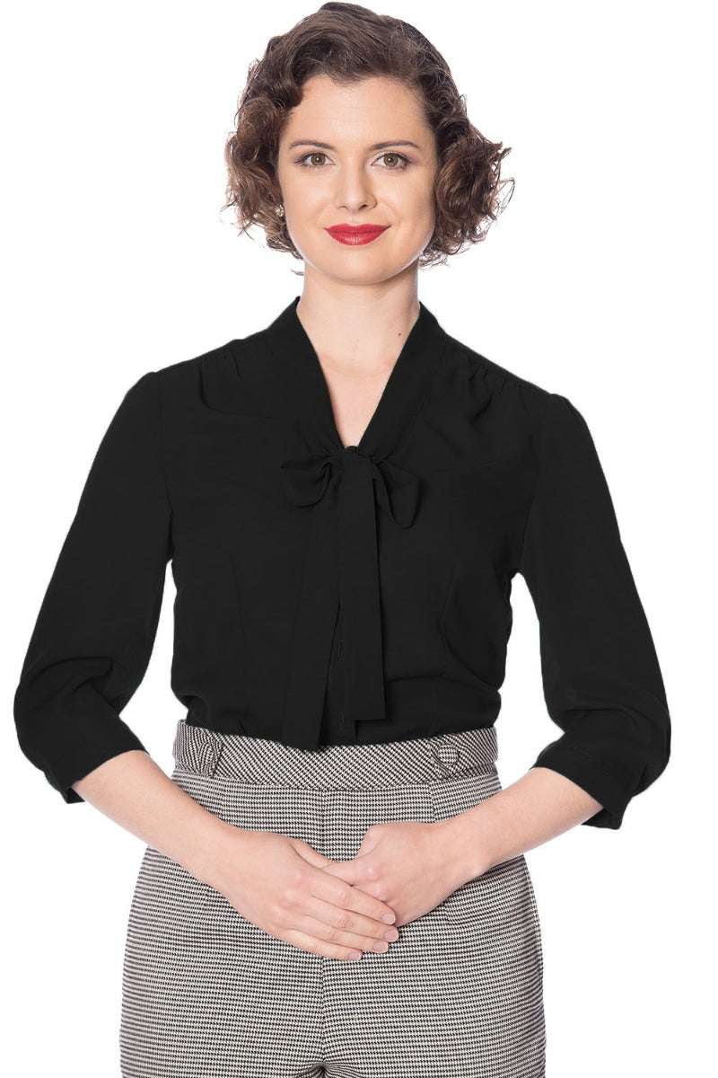 Banned Retro 1950's Perfect Pussy Bow Vintage Bell Sleeve Blouse Black