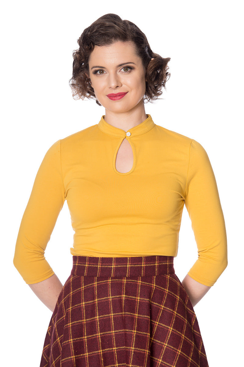 Banned Retro 1930's Emily Peek A Boo Mandarin Collar Keyhole Vintage Top Mustard