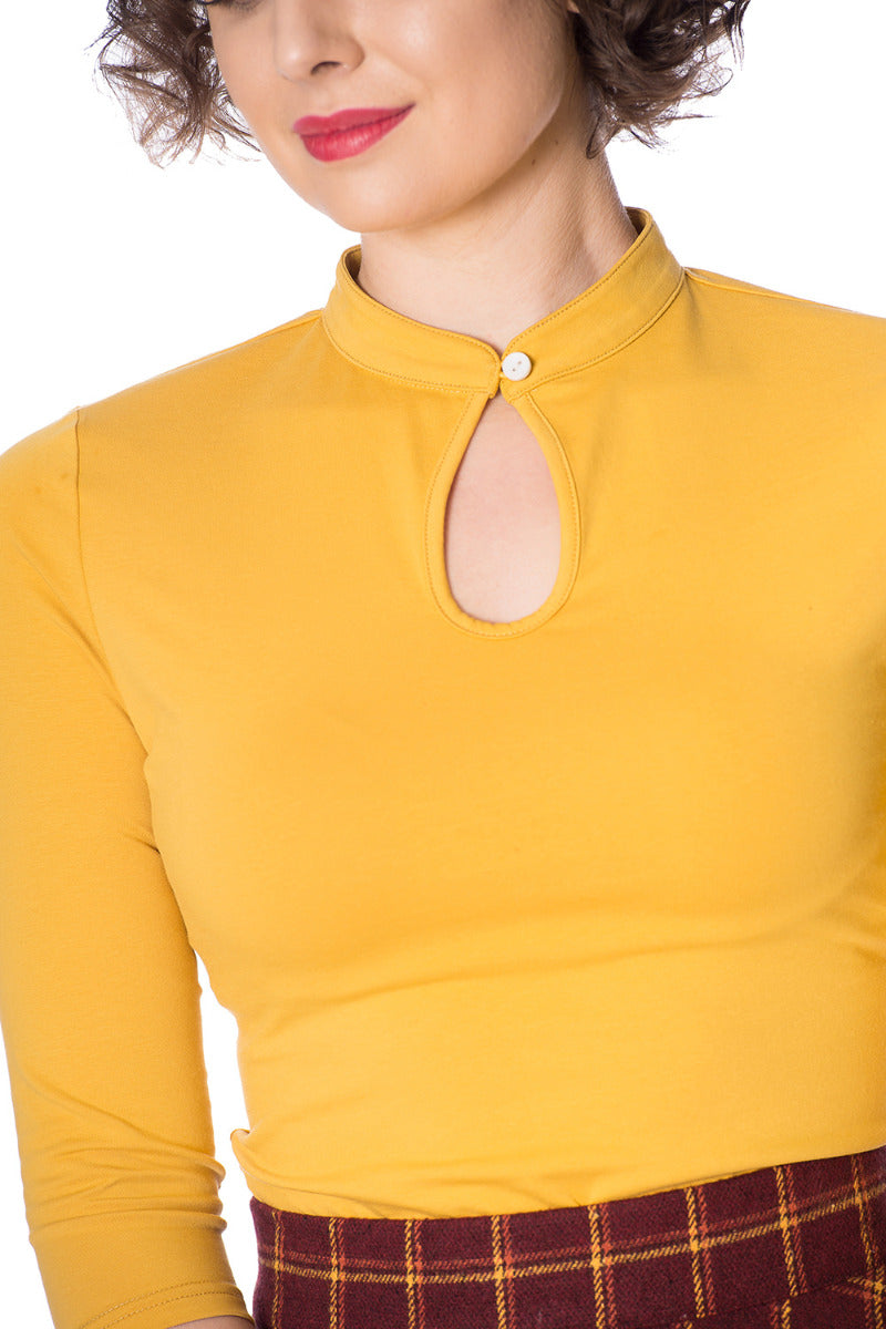 Banned Retro 1930's Emily Peek A Boo Mandarin Collar Keyhole Vintage Top Mustard