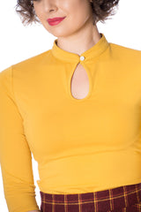 Banned Retro 1930's Emily Peek A Boo Mandarin Collar Keyhole Vintage Top Mustard