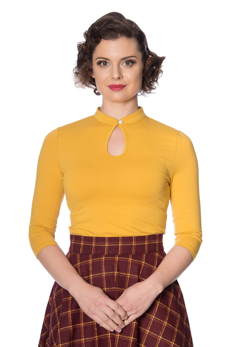 Banned Retro 1930's Emily Peek A Boo Mandarin Collar Keyhole Vintage Top Mustard