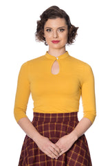 Banned Retro 1930's Emily Peek A Boo Mandarin Collar Keyhole Vintage Top Mustard