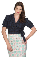 Banned Retro 1950's Seaside Picnic Wrap Check Crop Top Blouse Navy