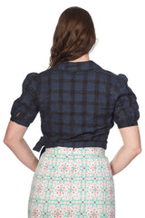 Banned Retro 1950's Seaside Picnic Wrap Check Crop Top Blouse Navy