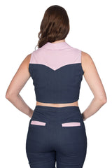 Banned Retro 1950's Diner Days Tie Up Crop Top Vintage Denim Gingham Blouse Dark Blue