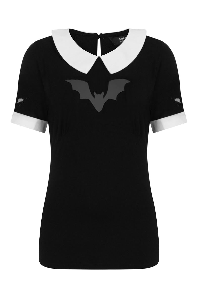 Banned Alternative Bat Beware Peter Pan Collar Mesh Keyhole Top Black