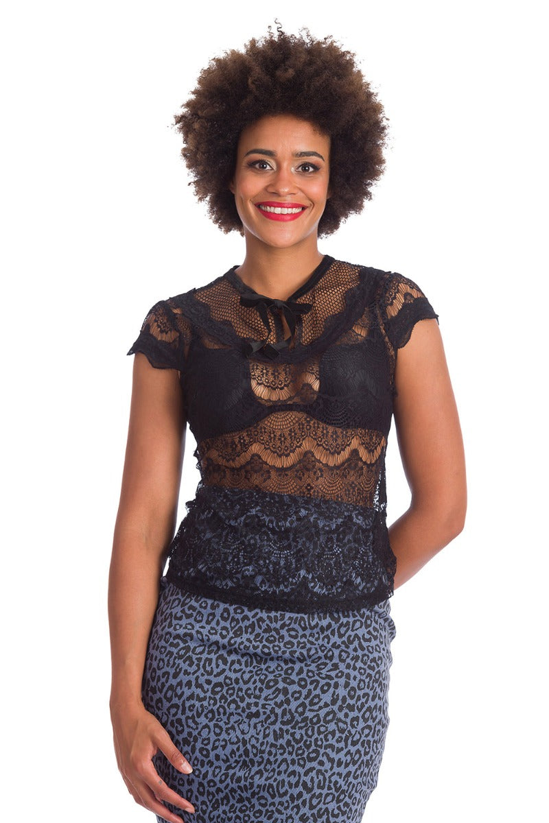 Banned Retro 1950s Midnight Mesh Lace Vintage Top Black