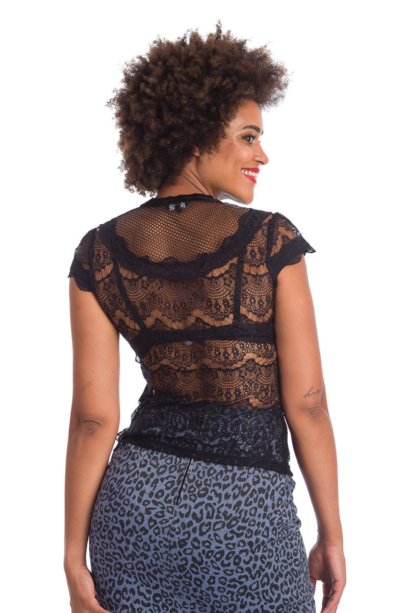 Banned Retro 1950s Midnight Mesh Lace Vintage Top Black