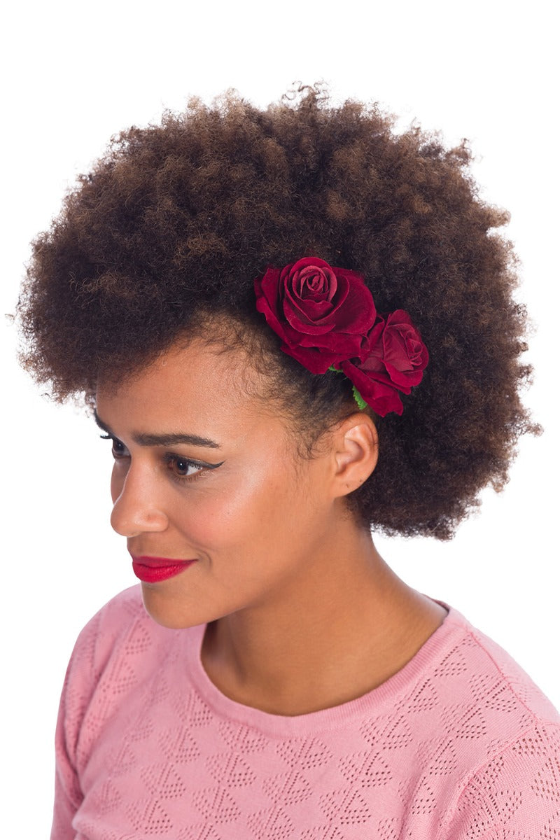 Banned Retro Be My Valentine Double Rose Vintage Hairpin Burgundy