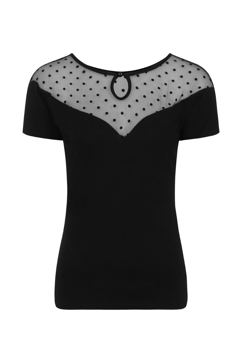 Banned Retro 1950s Smoulder Keyhole Polka Dot Mesh Net Vintage Top Black