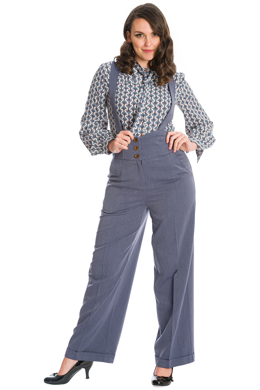 Banned retro 1940s Her favourite trouser High waisted with pockets and detachable suspenders-Blue