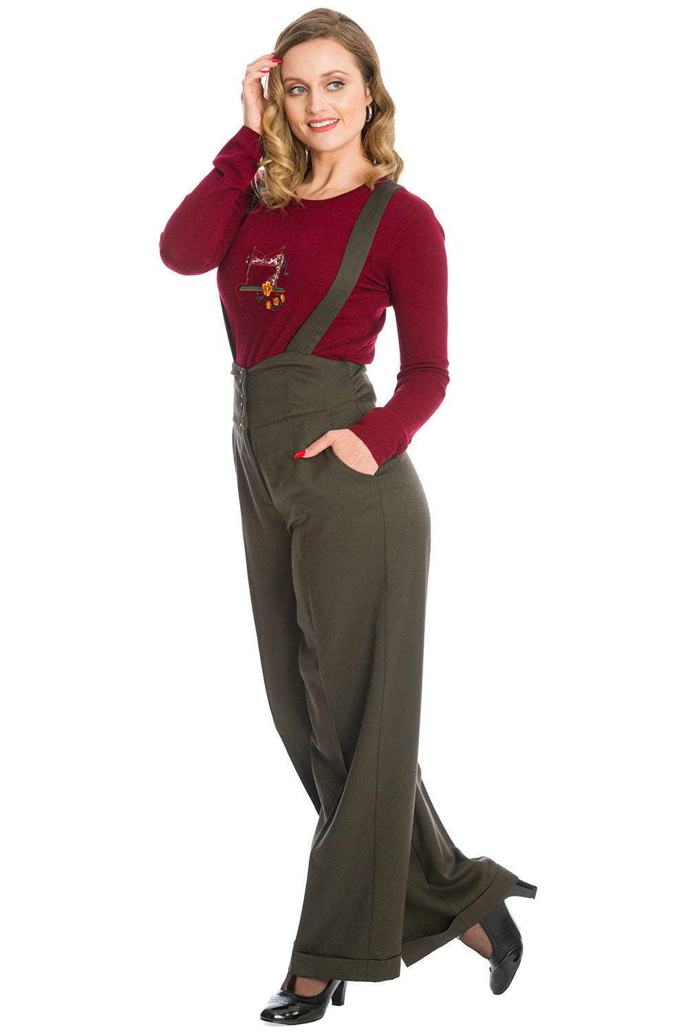 Banned retro 1940s Her favourite trouser High waisted with pockets and detachable suspenders-Green