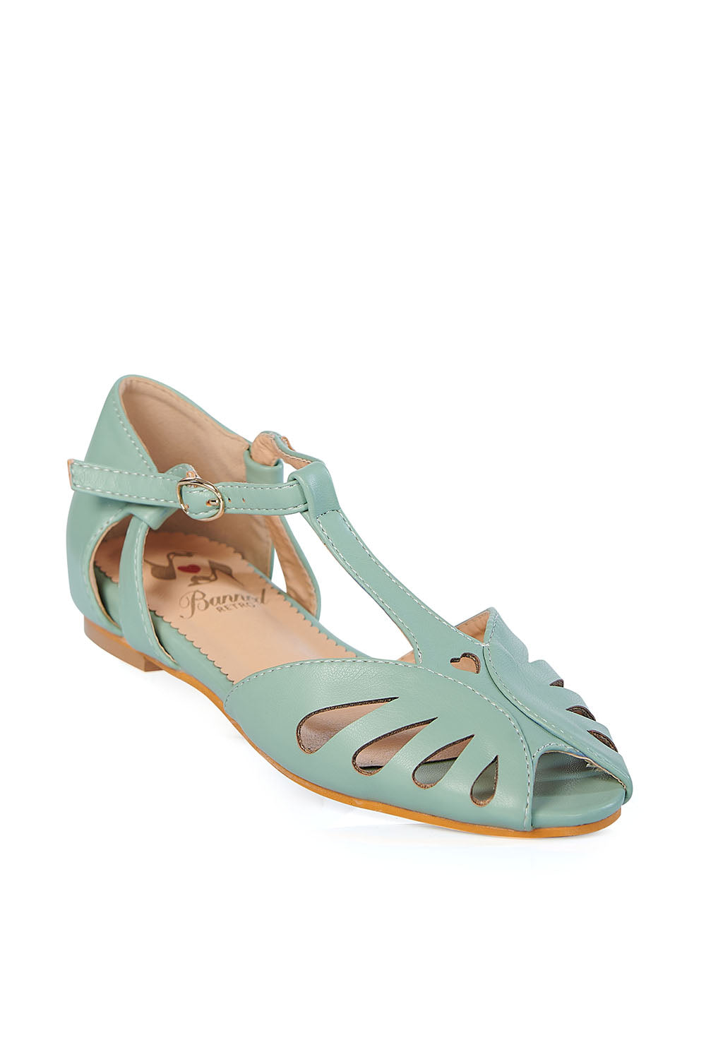 BANNED Retro Secret Love Dapper Sandals Vintage T-Bar Flats With Cut-Out Hearts In Vegan Faux Leather-Mint