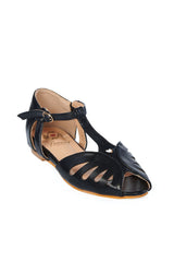 BANNED Retro Secret Love Dapper Sandals Vintage T-Bar Flats With Cut-Out Hearts In Vegan Faux Leather-Black