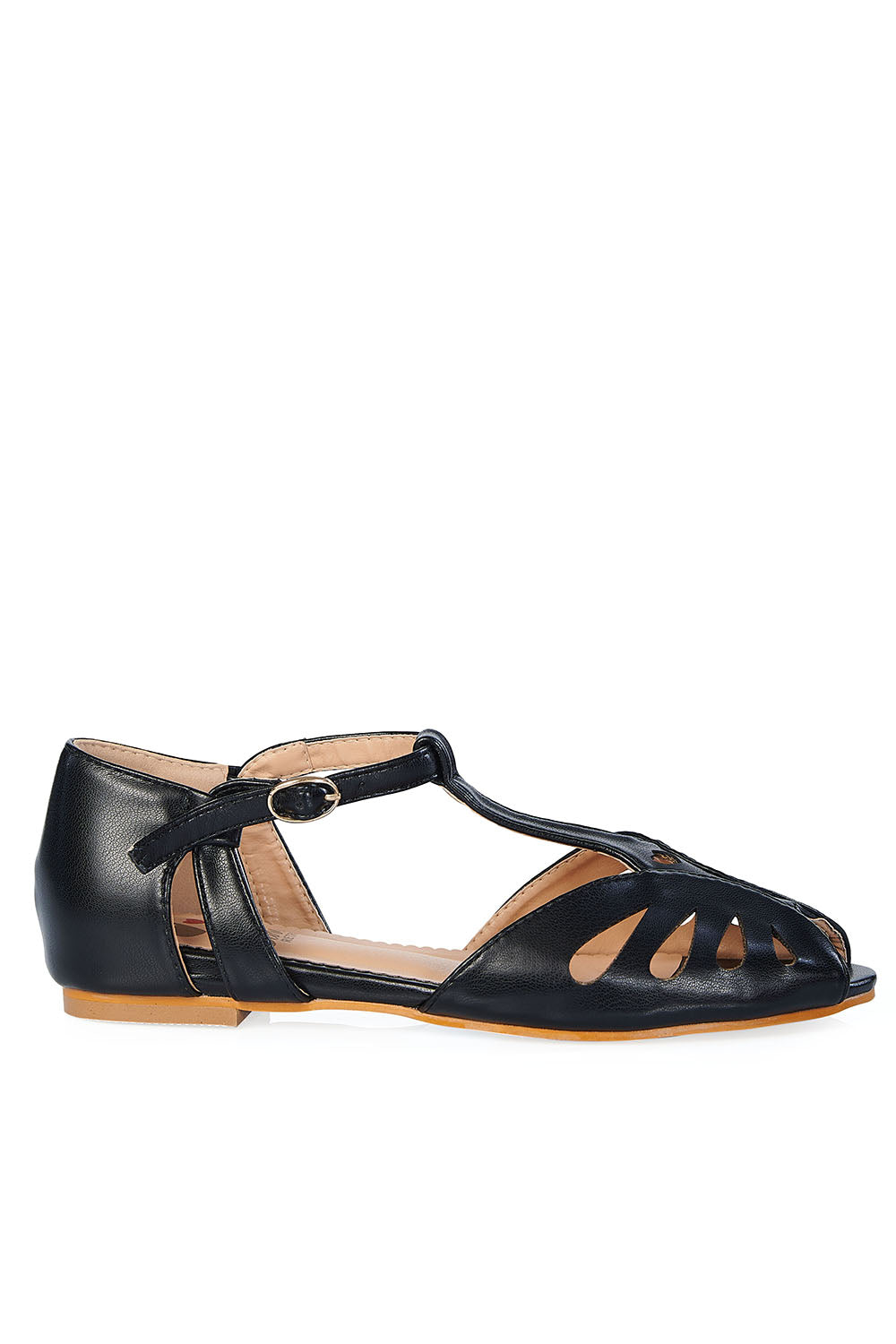 BANNED Retro Secret Love Dapper Sandals Vintage T-Bar Flats With Cut-Out Hearts In Vegan Faux Leather-Black