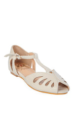 BANNED Retro Secret Love Dapper Sandals Vintage T-Bar Flats With Cut-Out Hearts In Vegan Faux Leather-Cream