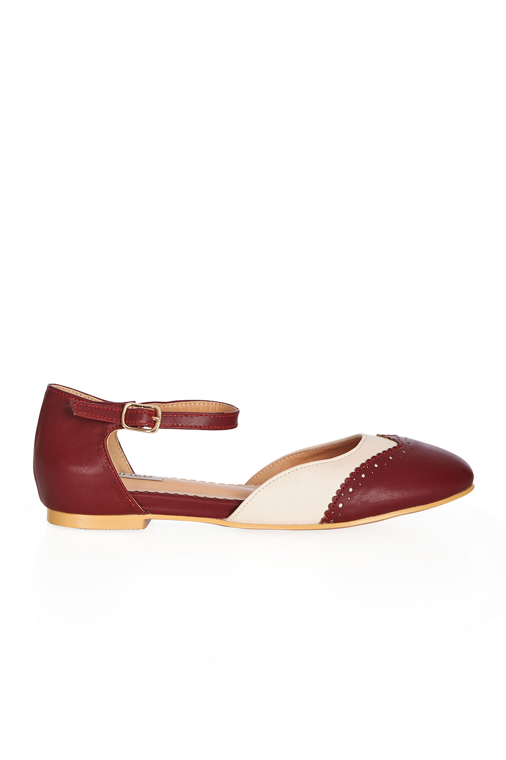 BANNED Retro Dapper Dancemates Flats Retro Two-Tone Brogue Sandals With Hidden Wedge & Ankle Strap-Burgundy