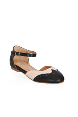 BANNED Retro Dapper Dancemates Flats Retro Two-Tone Brogue Sandals With Hidden Wedge & Ankle Strap-Black