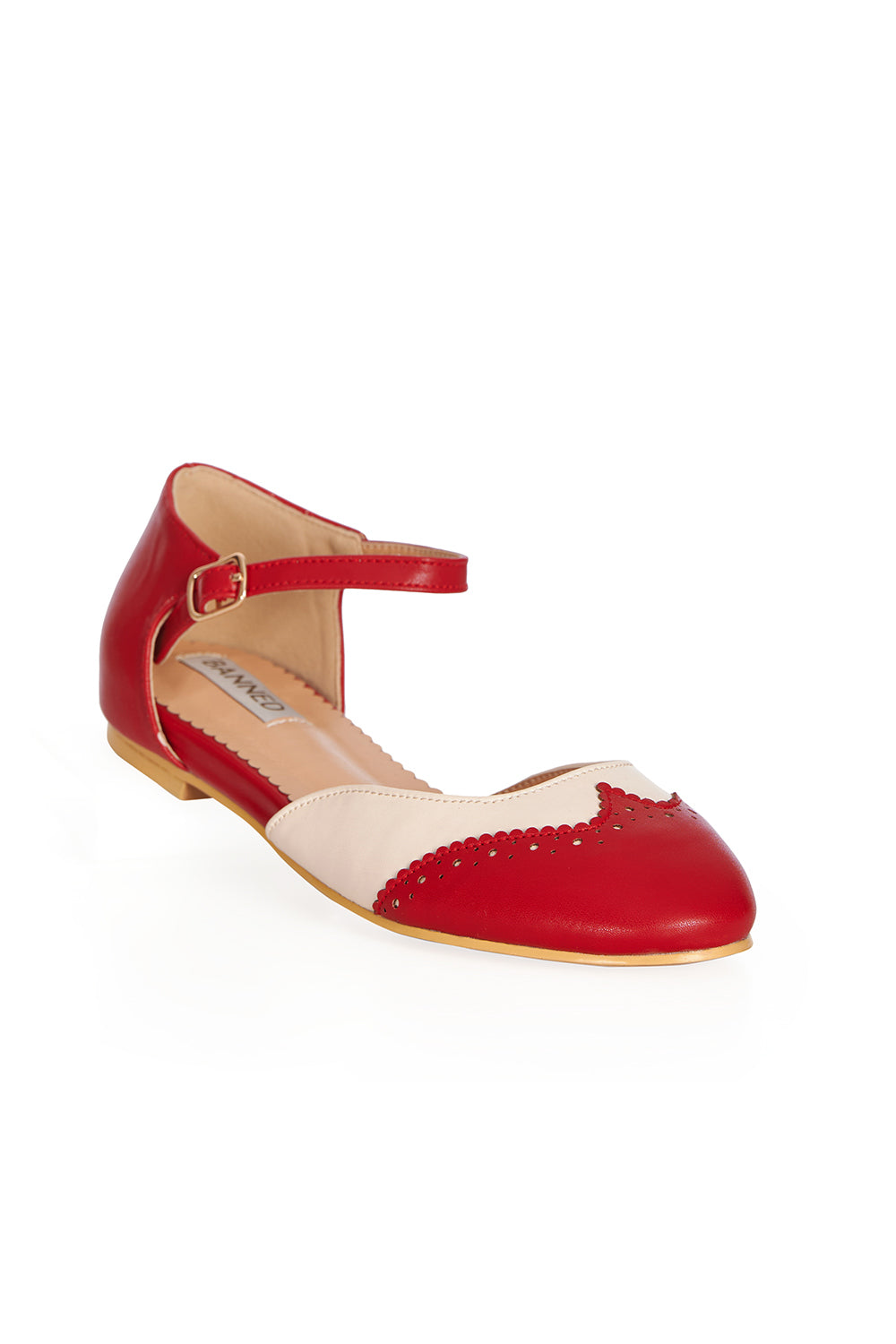 BANNED Retro Dapper Dancemates Flats Retro Two-Tone Brogue Sandals With Hidden Wedge & Ankle Strap-Red