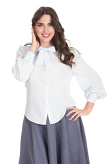 PUSSY BOW LONG SLEEVE BLOUSE IN A TEXTURED WOVEN FABRIC Blue