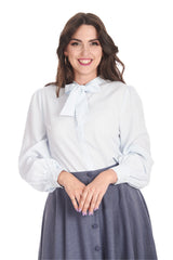 PUSSY BOW LONG SLEEVE BLOUSE IN A TEXTURED WOVEN FABRIC Blue