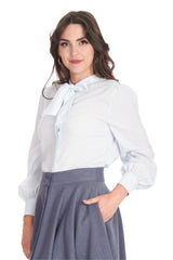PUSSY BOW LONG SLEEVE BLOUSE IN A TEXTURED WOVEN FABRIC Blue