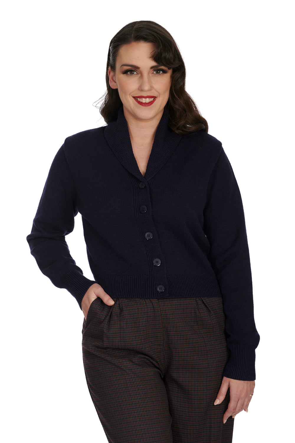 Banned Violet 40s/50s Crop Cardigan - Retro Style Shawl Collar Button-Up-Night Blue