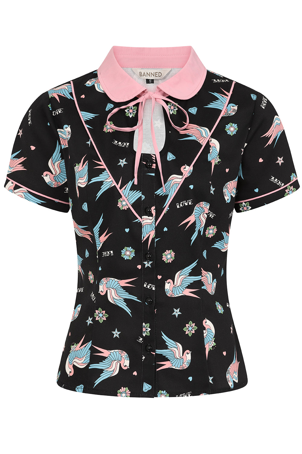 MARILOU SWALLOWS CONTRAST COLLAR BLOUSE Black