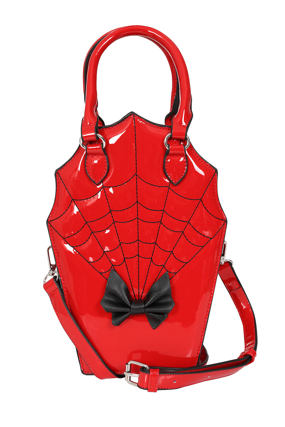 BANNED Ghoul Coffin Red Bag | Shimmer Quilted Gothic Handbag with Spider Web-Red-One Size