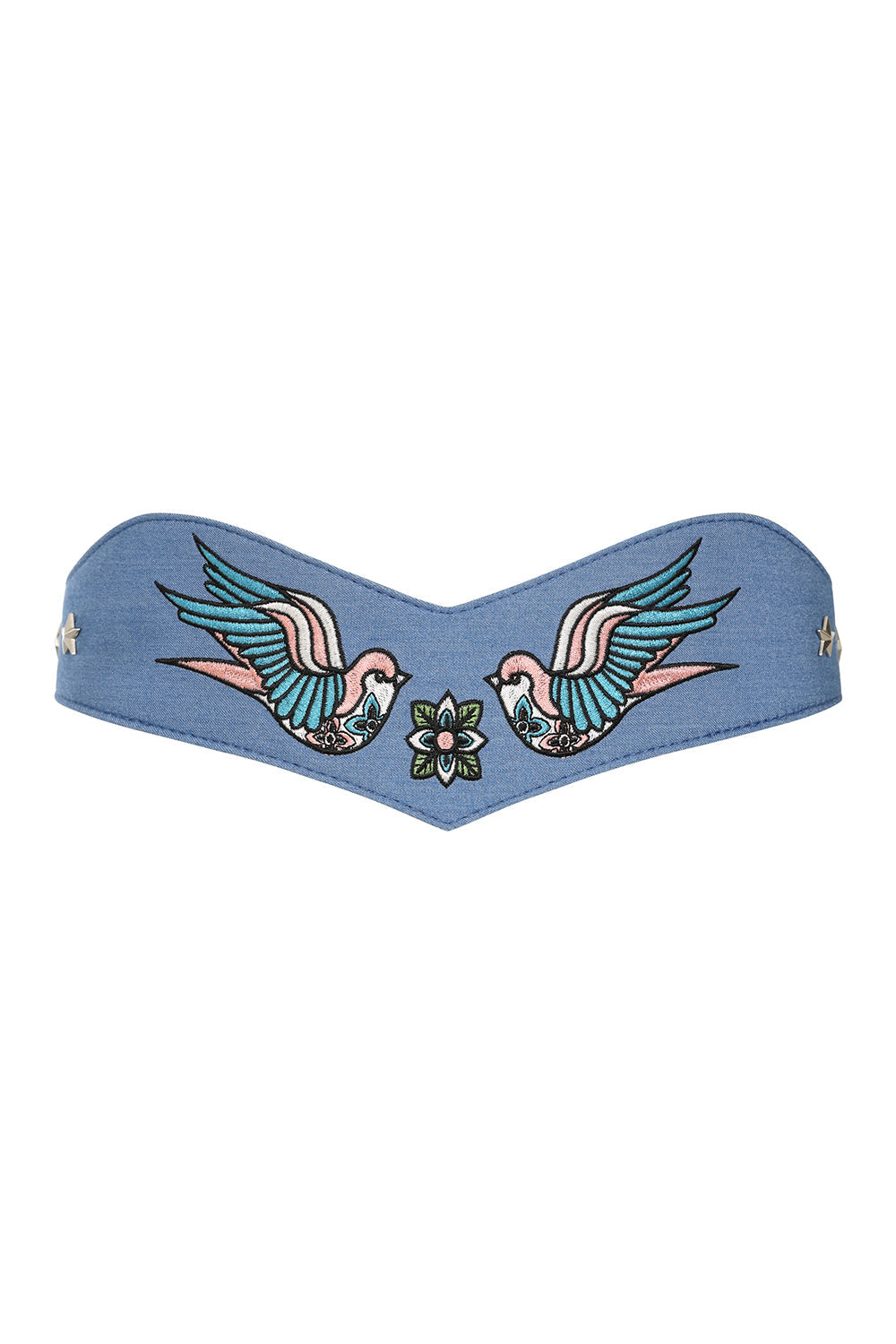 BANNED Marilou Swallow Belt   Retro Embroidered Denim Belt with Swallow Design Blue