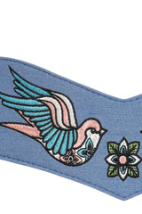 BANNED Marilou Swallow Belt   Retro Embroidered Denim Belt with Swallow Design Blue