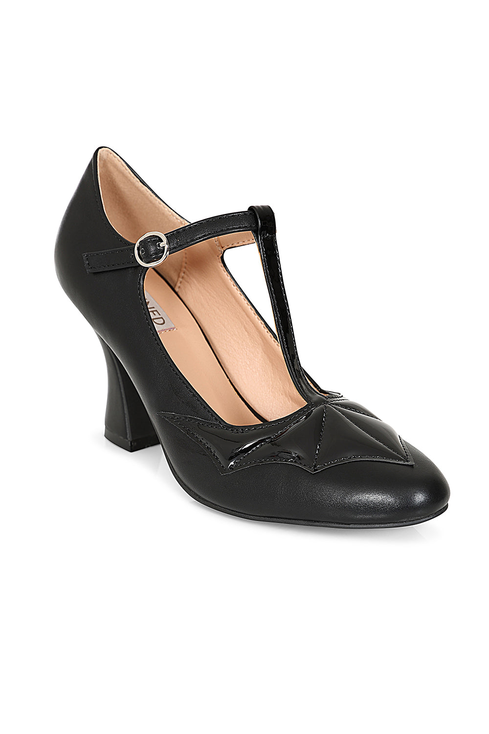 Elvira T-Strap banned Heels - 1950's Inspired Batwing Pump with Shimmering Faux Leather-Black