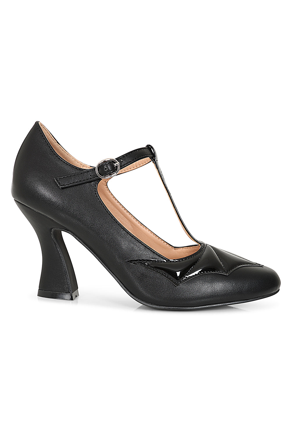 Elvira T-Strap banned Heels - 1950's Inspired Batwing Pump with Shimmering Faux Leather-Black