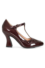 Elvira T-Strap banned Heels - 1950's Inspired Batwing Pump with Shimmering Faux Leather-Burgundy