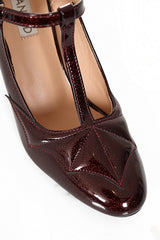 Elvira T-Strap banned Heels - 1950's Inspired Batwing Pump with Shimmering Faux Leather-Burgundy