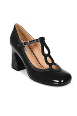 1960's Inspired T-Strap Heels with Piton & Lacquer Faux Leather-Black