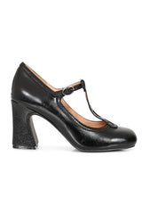 1960's Inspired T-Strap Heels with Piton & Lacquer Faux Leather-Black