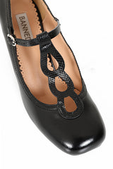 1960's Inspired T-Strap Heels with Piton & Lacquer Faux Leather-Black
