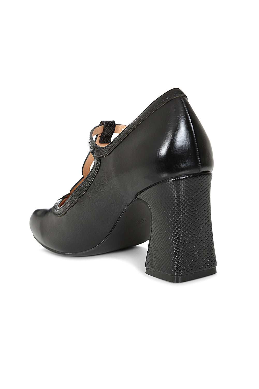 1960's Inspired T-Strap Heels with Piton & Lacquer Faux Leather-Black