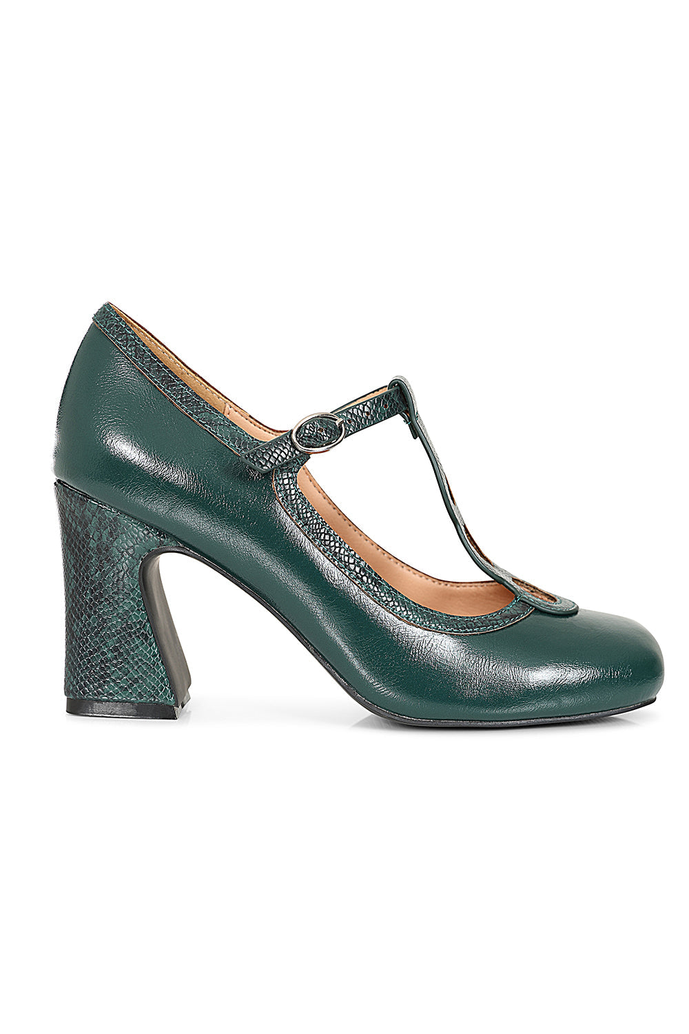 1960's Inspired T-Strap Heels with Piton & Lacquer Faux Leather-Green