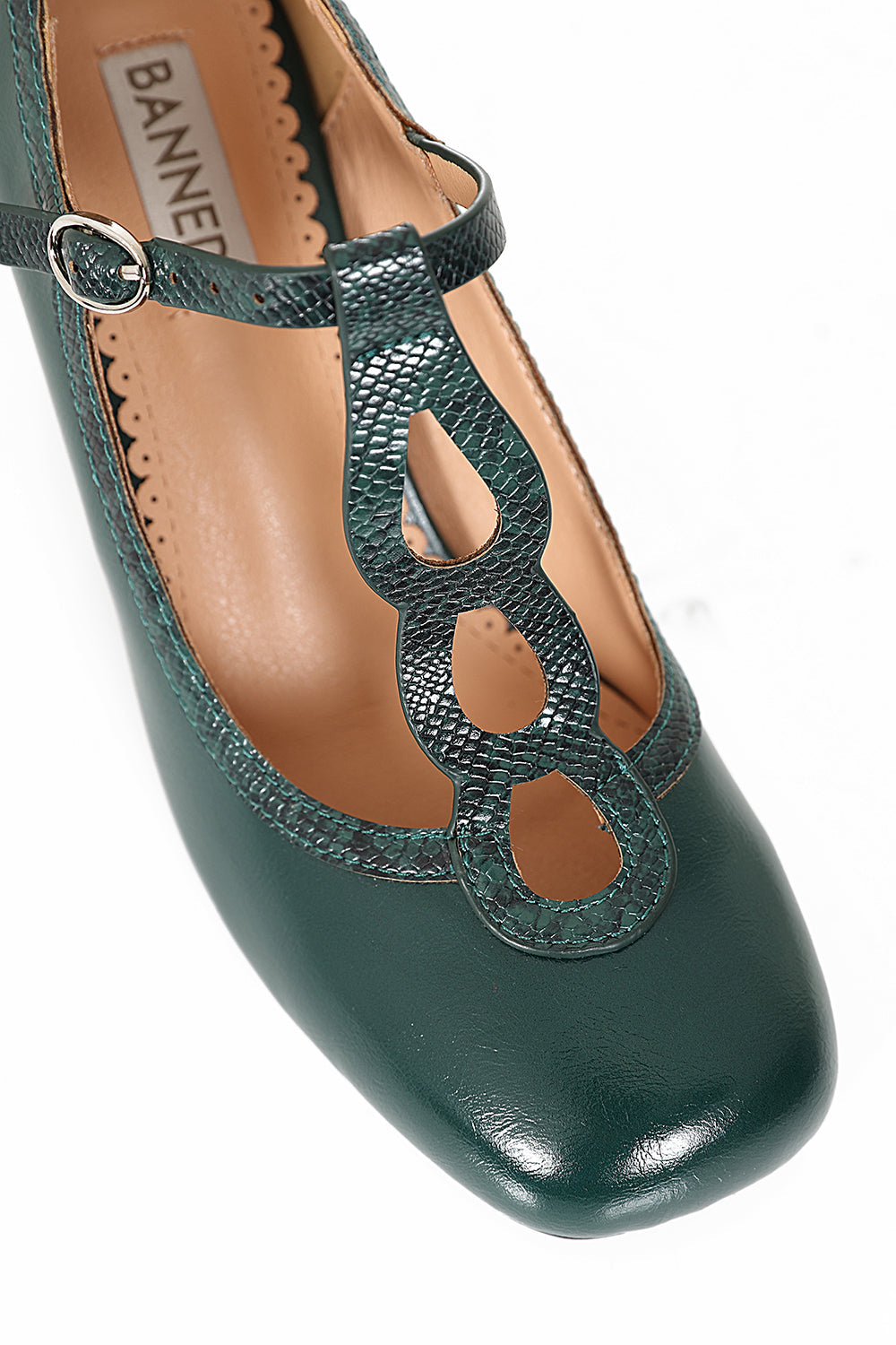 1960's Inspired T-Strap Heels with Piton & Lacquer Faux Leather-Green