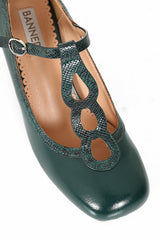 1960's Inspired T-Strap Heels with Piton & Lacquer Faux Leather-Green