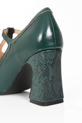 1960's Inspired T-Strap Heels with Piton & Lacquer Faux Leather-Green