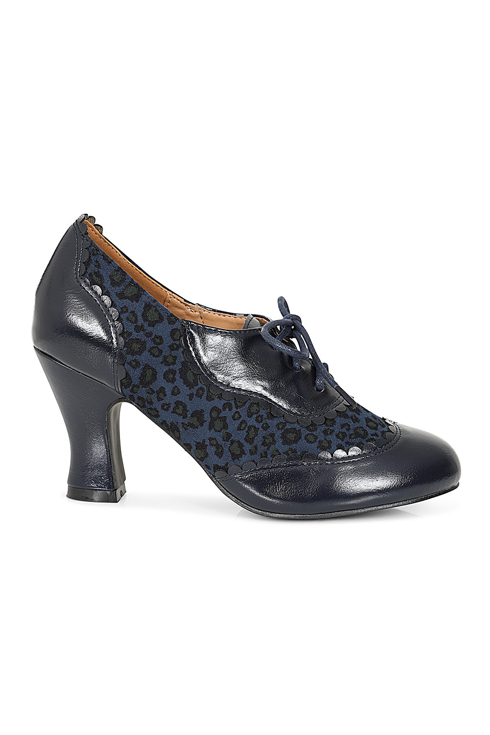 Bertie's Leopard Banned Shoes - 1940's Inspired Laced Low Cut Ankle Bootie with Patent & Microfiber Upper-Navy