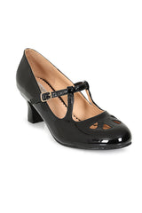 Glamour in Time Banned Mary Janes - 1940's Inspired Cut-Out Mary Jane Heels with Faux Leather Upper-Black