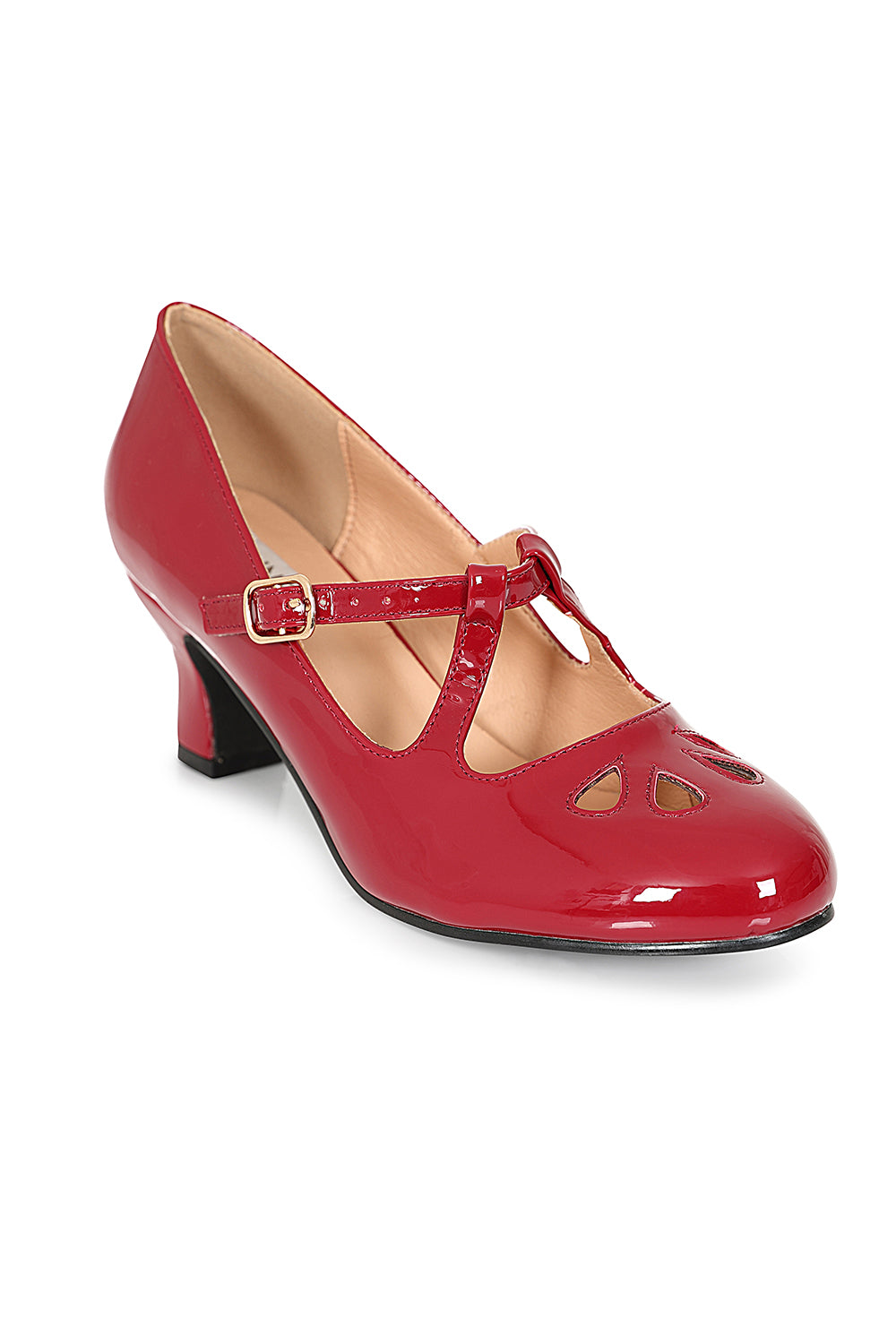 Glamour in Time Banned Mary Janes - 1940's Inspired Cut-Out Mary Jane Heels with Faux Leather Upper-Burgundy