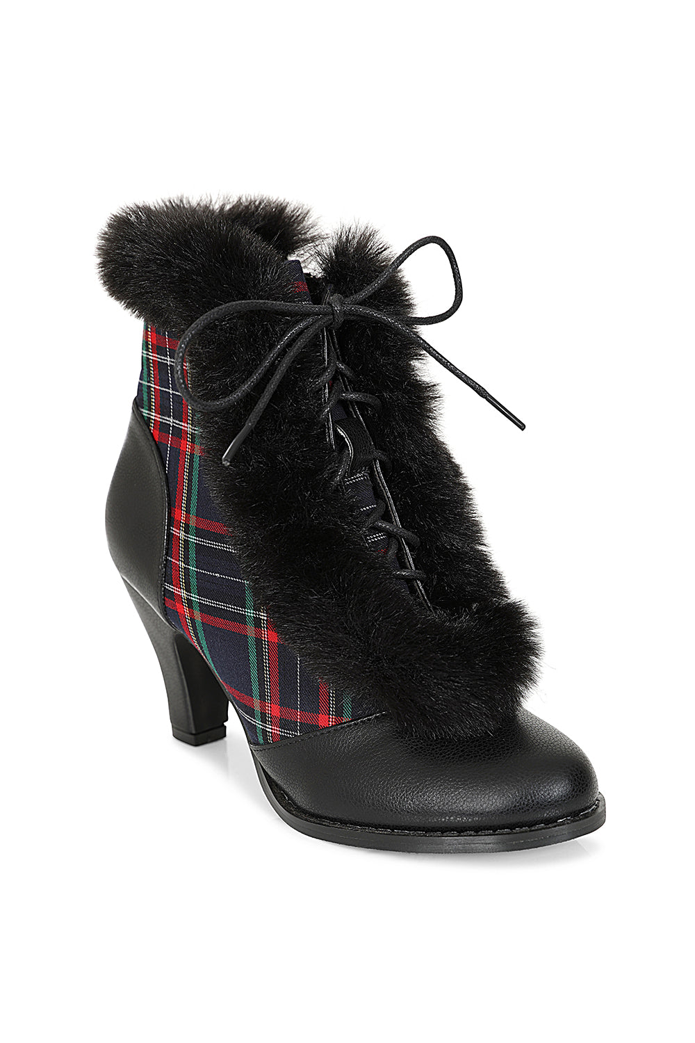 Chic Charlotte Banned Booties - Retro-Inspired Tartan & Fur Booties with Faux Leather Upper-Black